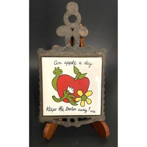 Vintage Cast Iron Apple a Day Trivet Wall Hanging Ceramic Tile Taiwan Retro 70s